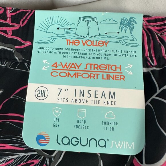 Laguna Mens Swim Shorts 2XL The Volley Black Pink Floral Drawstring UPF 50+ - Picture 3 of 13